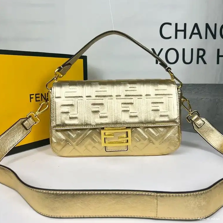 Cheap Medium Bag Fendi FF Baguette Motif Leather Nappa Gold In 0414 HOT SALE